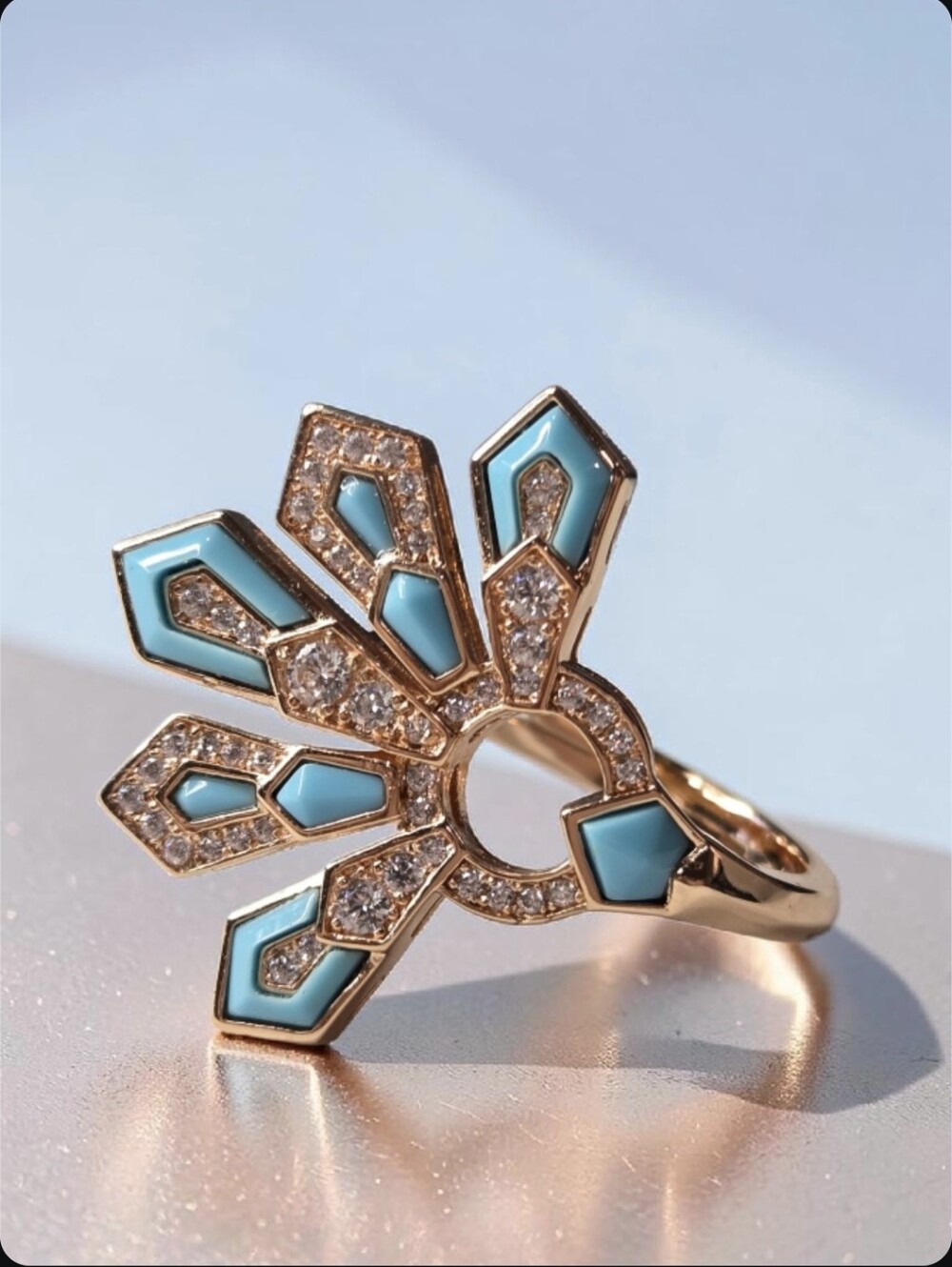 Luxury Rose Gold Turquoise Stone Zircon Crystal Fan Ring